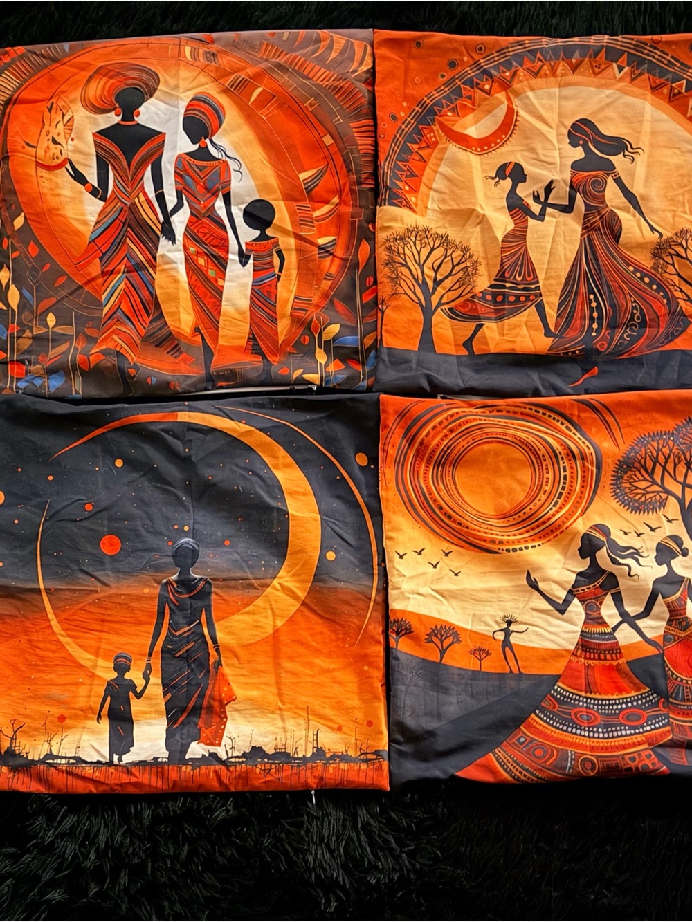 (4) Orange and Black African Silhouette Pillow Cases